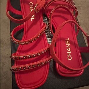 CHANEL Vibrant Red Chain Sandals